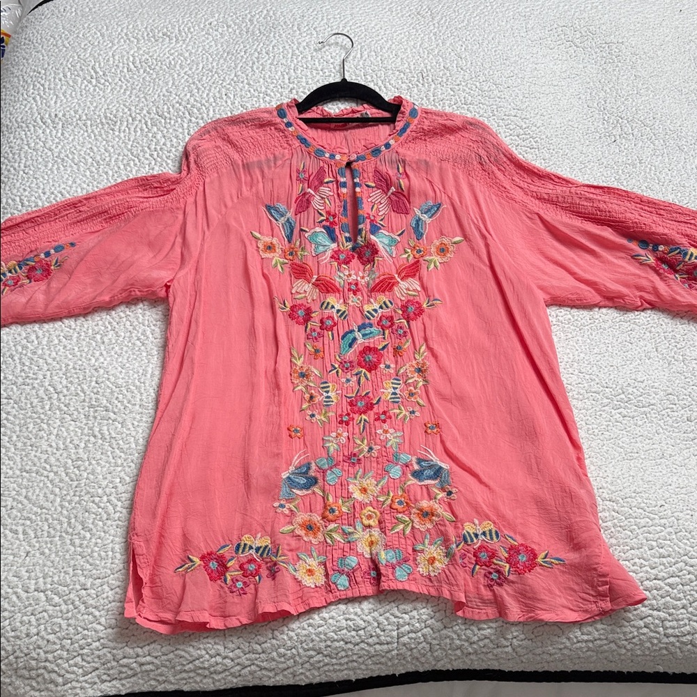 Johnny Was Coral Embroidered Women's Peasant Blouse